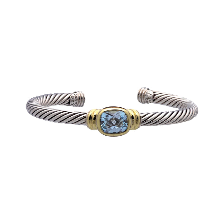 David Yurman Silver Noblesse 14k Yellow Gold Silver Cable Blue Topaz Open Cuff Bracelet