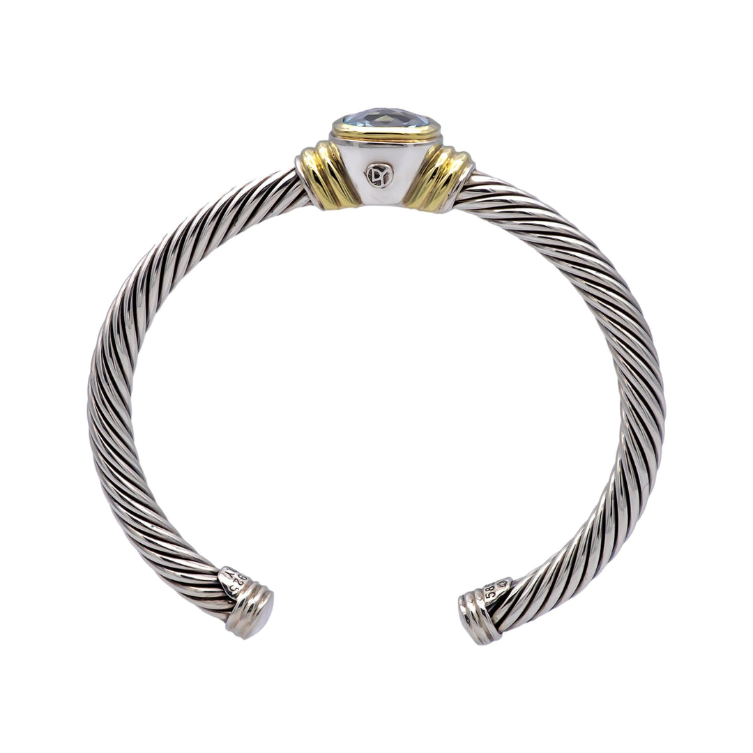 David Yurman Silver Noblesse 14k Yellow Gold Silver Cable Blue Topaz Open Cuff Bracelet