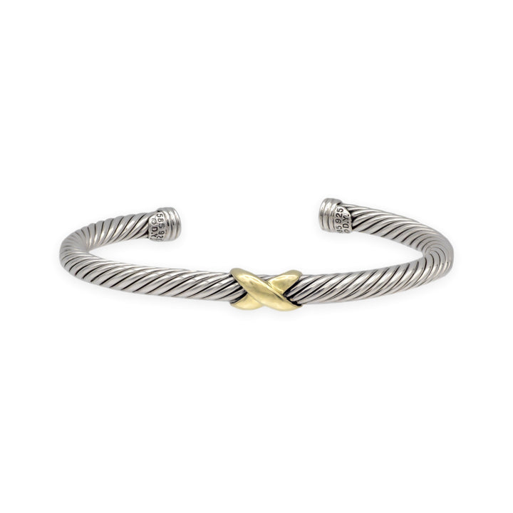 David Yurman Sterling Silver & 14K Yellow Gold 5mm Classic Cable Cuff X Bracelet