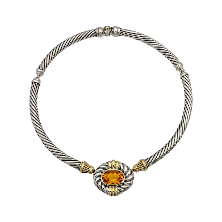 David Yurman Sterling Silver 14K Yellow Gold Cable Necklace Oval Citrine Center