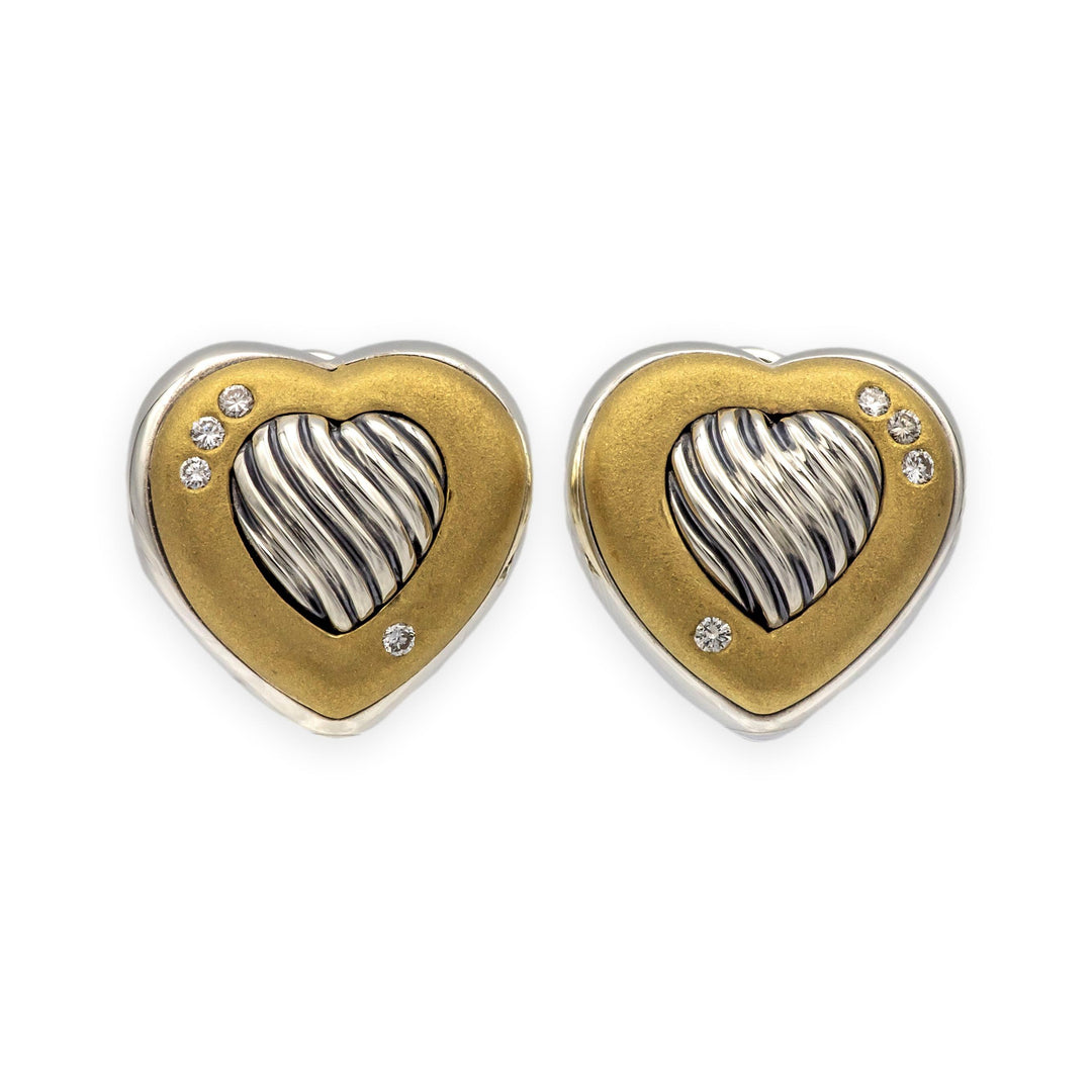 David Yurman Sterling Silver 18K  Cable Heart Earrings W/ Diamonds Clip Earrings