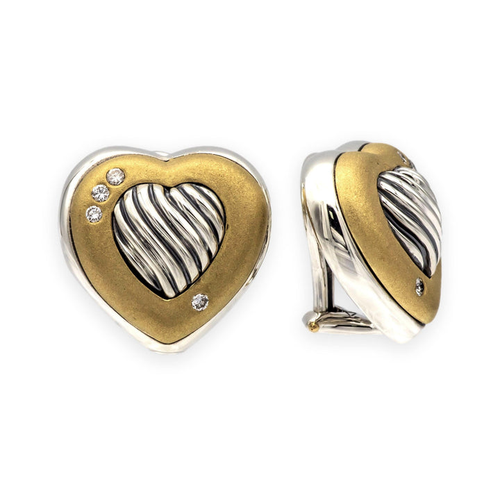 David Yurman Sterling Silver 18K  Cable Heart Earrings W/ Diamonds Clip Earrings