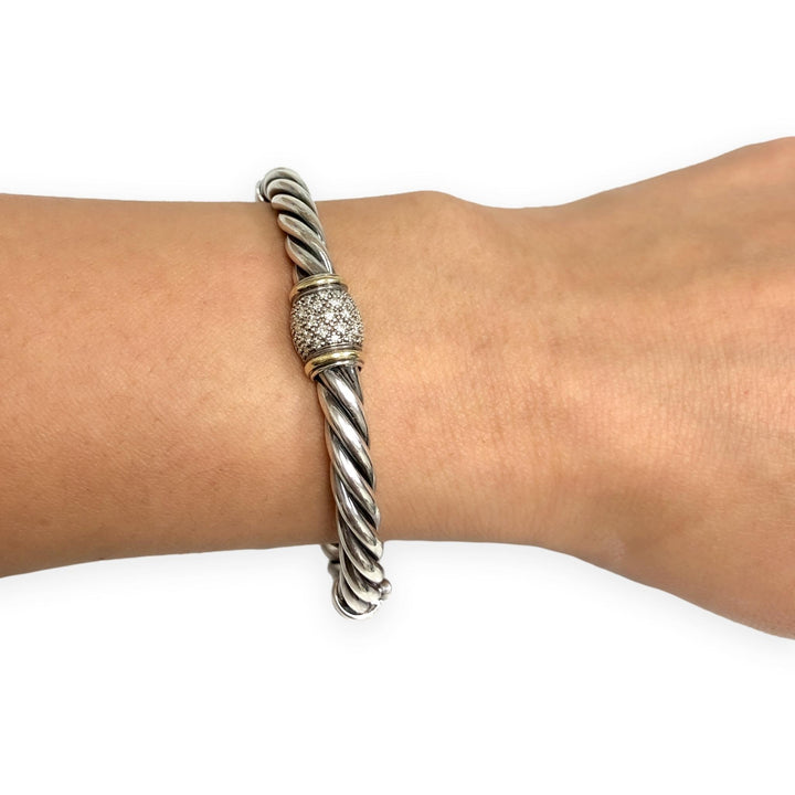 David Yurman Metro Silver 18K Cable Pavé Diamond Station Bracelet 6mm - Medium