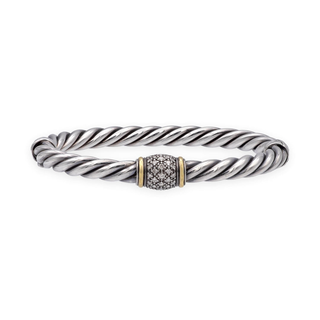 David Yurman Metro Silver 18K Cable Pavé Diamond Station Bracelet 6mm - Medium