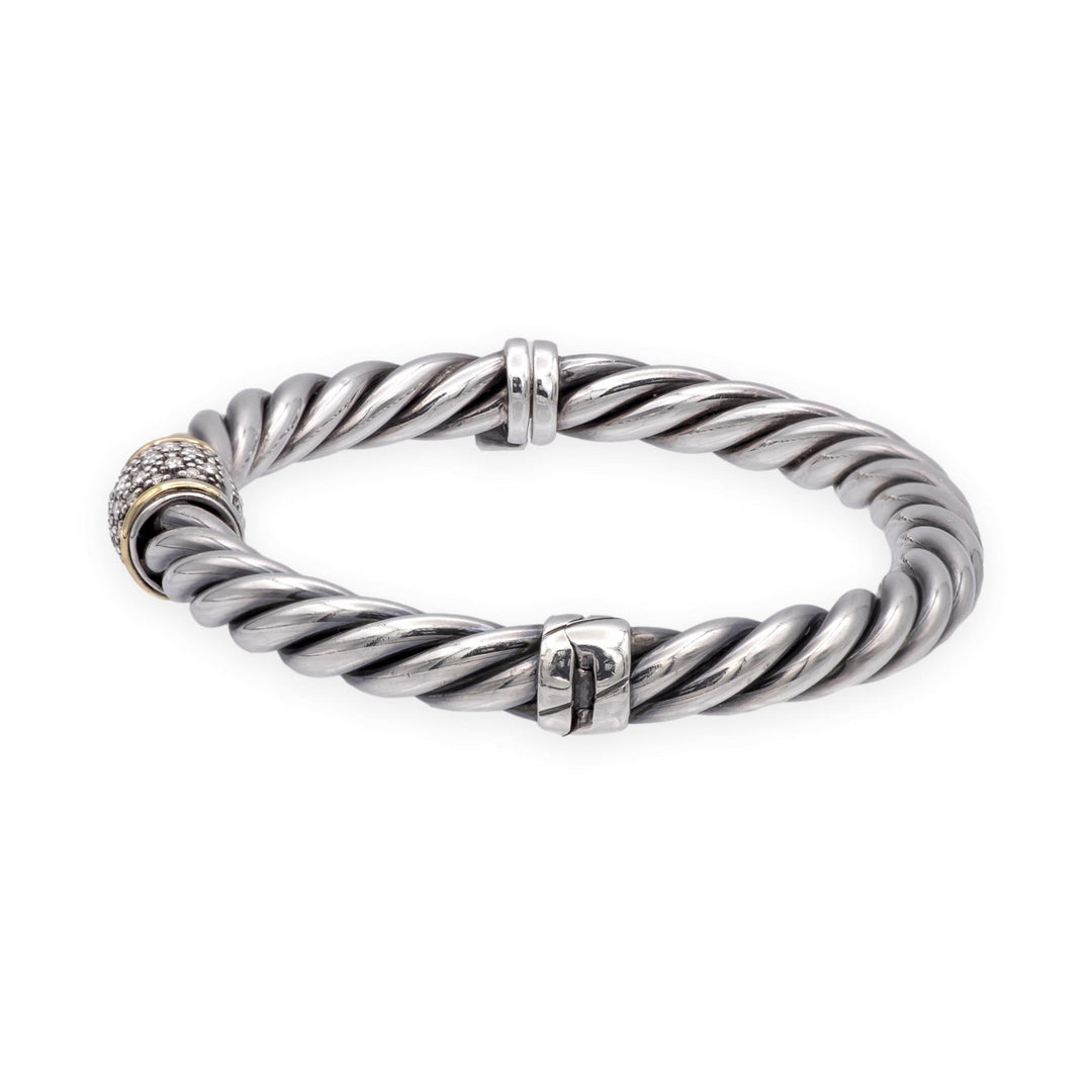 David Yurman Metro Silver 18K Cable Pavé Diamond Station Bracelet 6mm - Medium