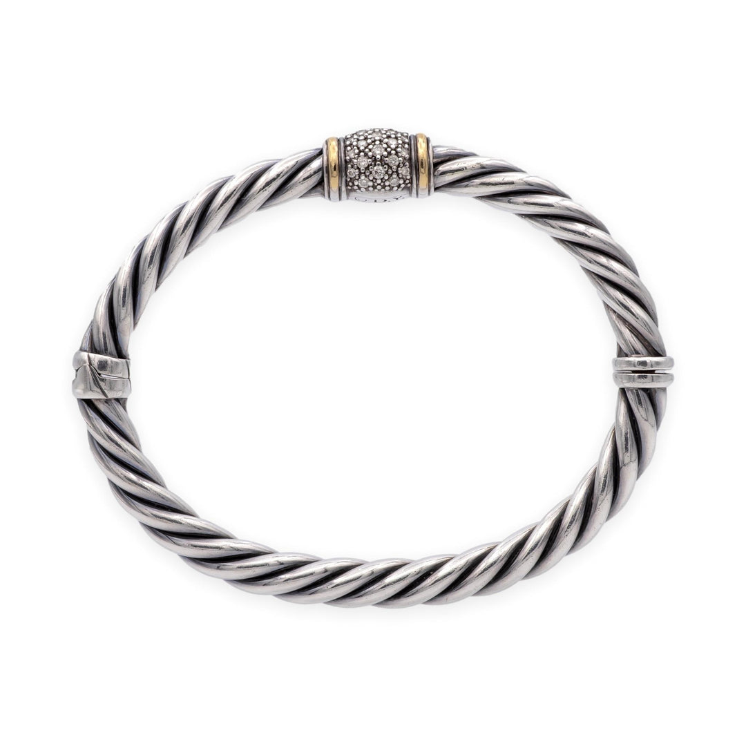 David Yurman Metro Silver 18K Cable Pavé Diamond Station Bracelet 6mm - Medium