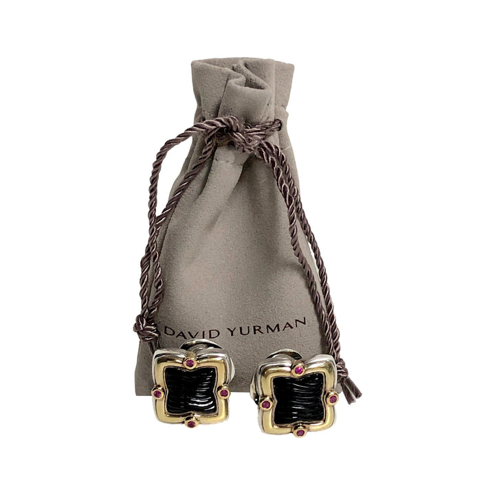 David Yurman Quatrefoil Silver 18K Gold Carved Onyx and Pink Tourmaline Earrings