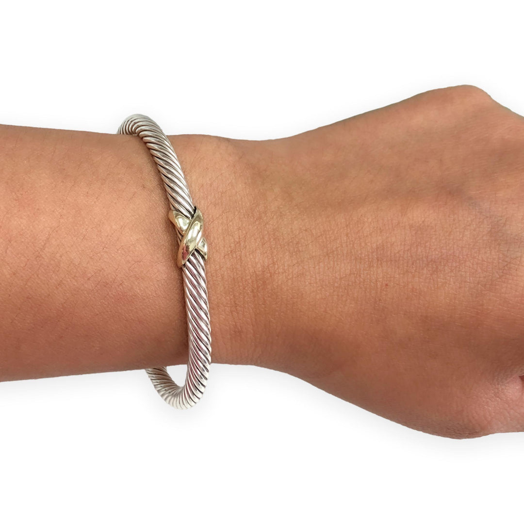David Yurman Sterling Silver & 14K Yellow Gold 5mm Classic Cable Cuff X Bracelet