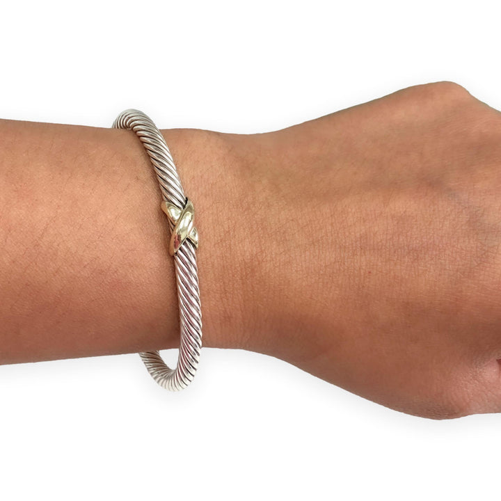 David Yurman Sterling Silver & 14K Yellow Gold 5mm Classic Cable Cuff X Bracelet