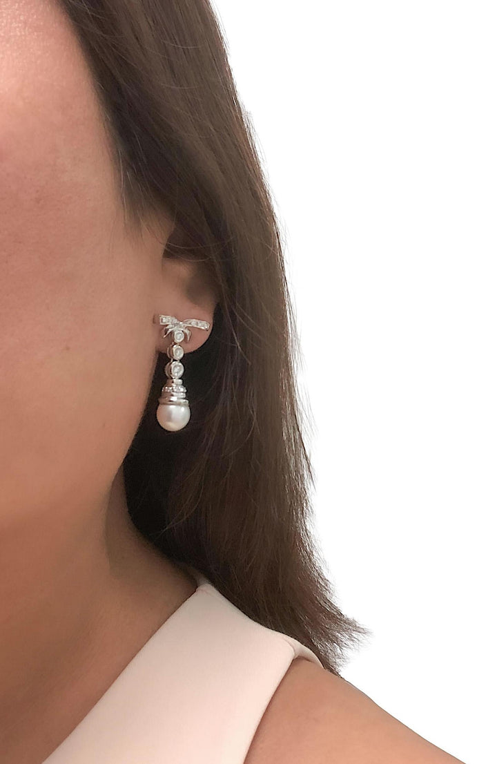 Vintage French 18K White Gold Cultured Pearl and Diamond Dangle Earrings