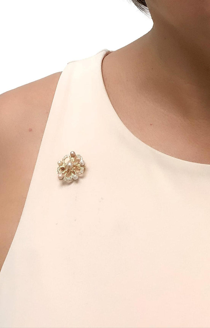 Victorian 14K Gold Diamond and Pearl Floral Brooch