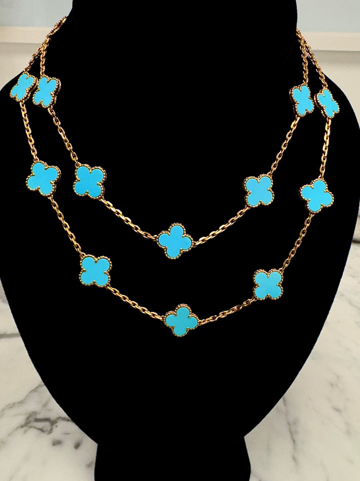 Van Cleef & Arpels Vintage Alhambra 20-Motif Turquoise Necklace 18K Yellow Gold