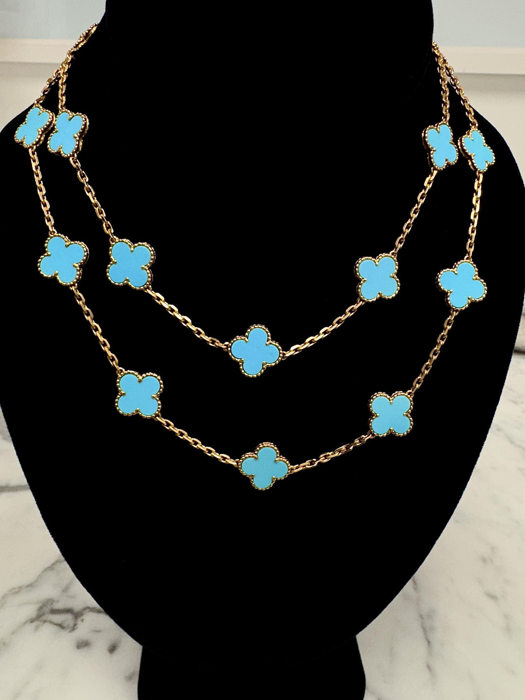 Van Cleef & Arpels Vintage Alhambra 20-Motif Turquoise Necklace 18K Yellow Gold