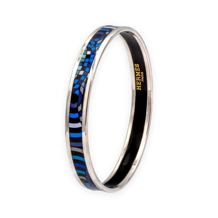 Hermès Blue Enamel Palladiam Plated Bangle Narrow Bracelet Large Size
