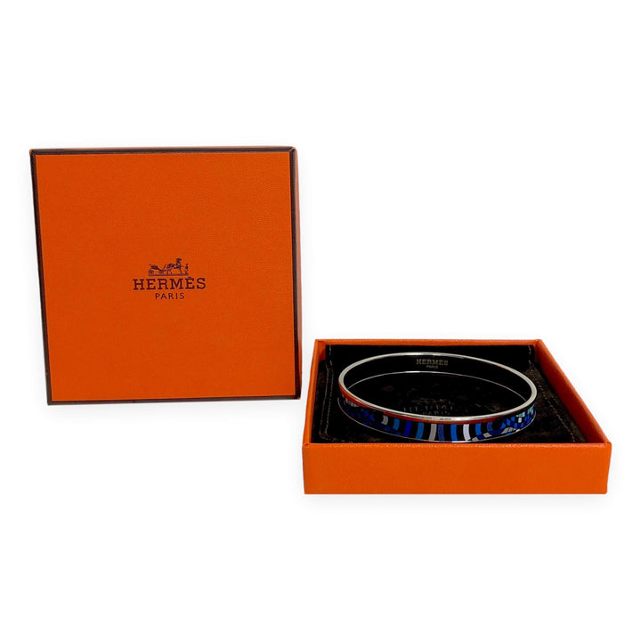 Hermès Blue Enamel Palladiam Plated Bangle Narrow Bracelet Large Size