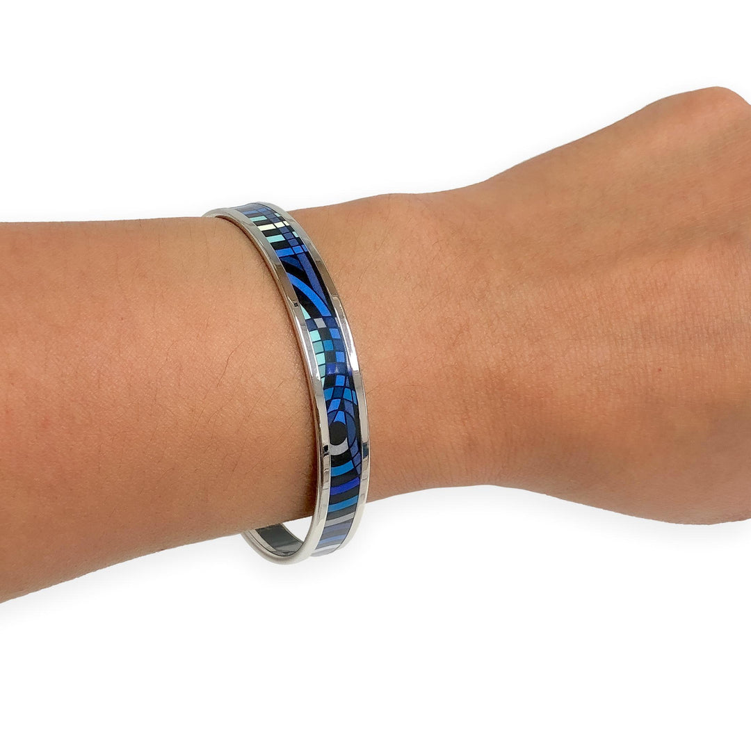 Hermès Blue Enamel Palladiam Plated Bangle Narrow Bracelet Large Size