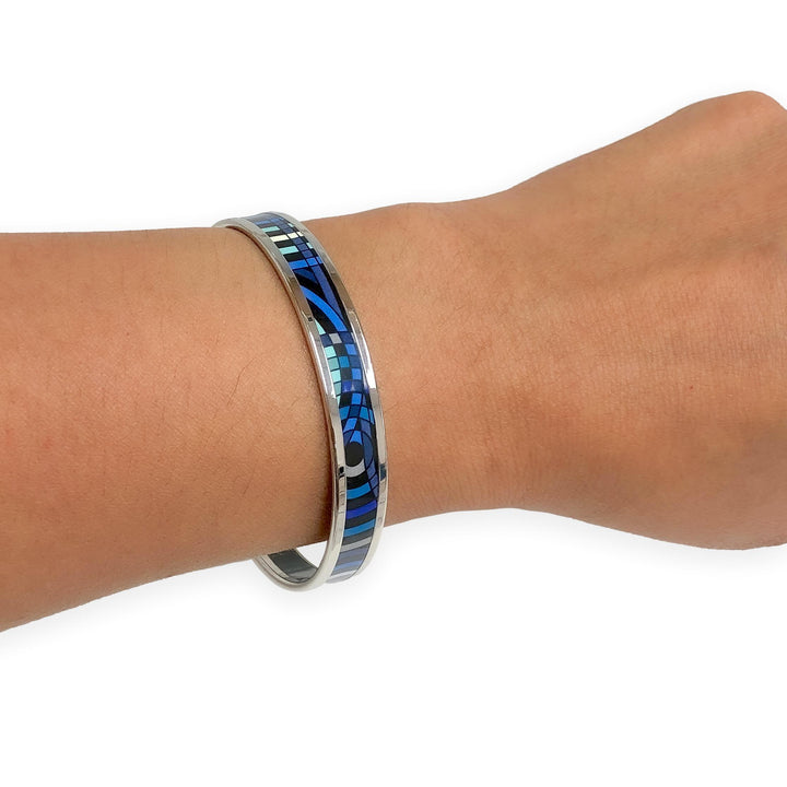 Hermès Blue Enamel Palladiam Plated Bangle Narrow Bracelet Large Size