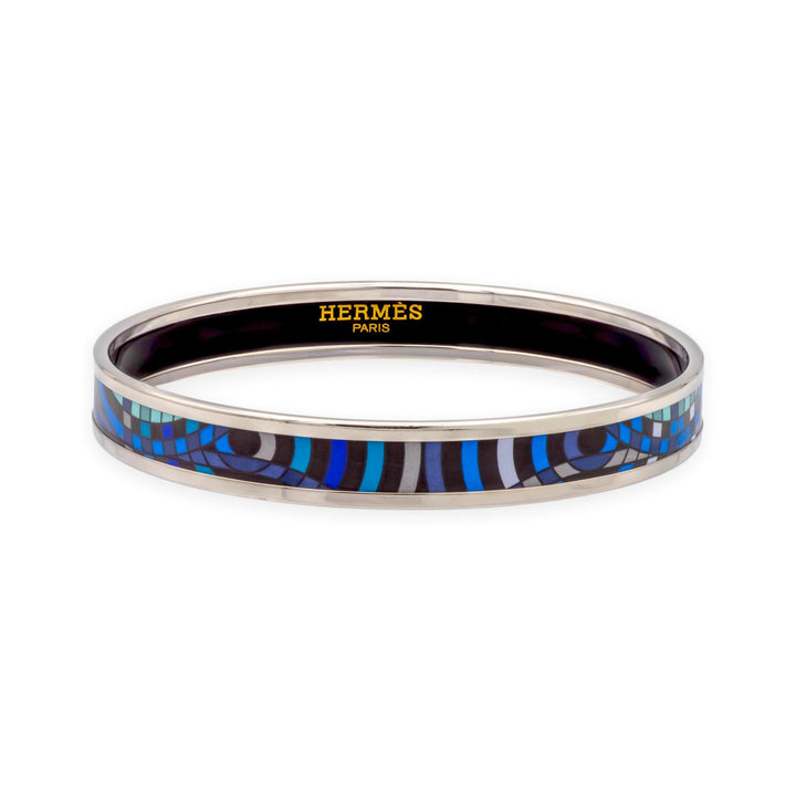 Hermès Blue Enamel Palladiam Plated Bangle Narrow Bracelet Large Size