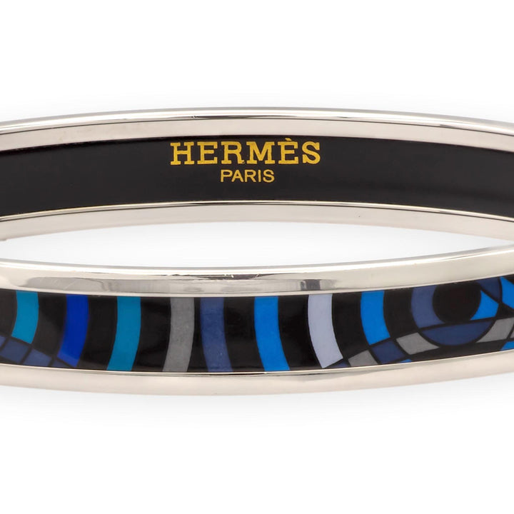 Hermès Blue Enamel Palladiam Plated Bangle Narrow Bracelet Large Size