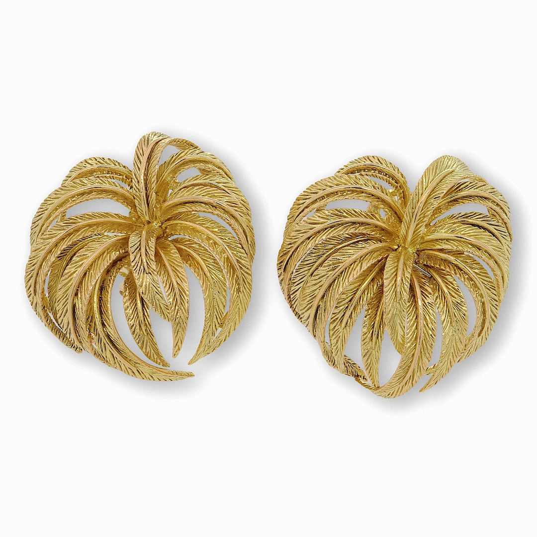 Vintage 18K Yellow Gold Palm Leaf Motif Ear-Clips – 1950s French Craftsmanship