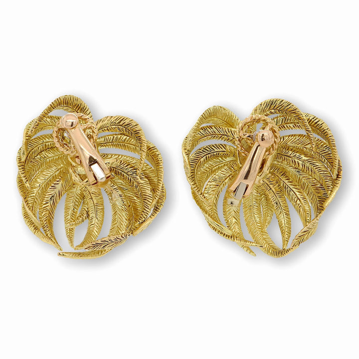 Vintage 18K Yellow Gold Palm Leaf Motif Ear-Clips – 1950s French Craftsmanship