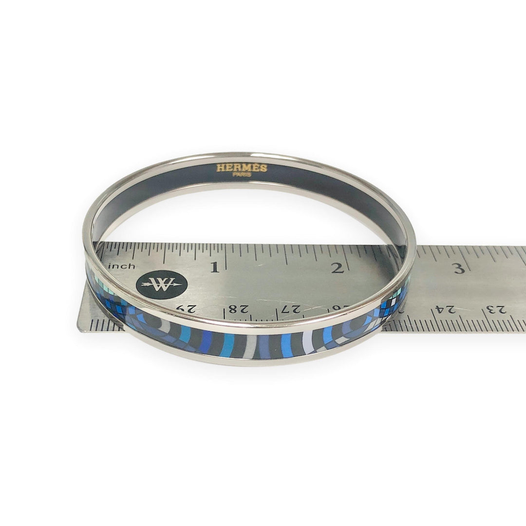 Hermès Blue Enamel Palladiam Plated Bangle Narrow Bracelet Large Size