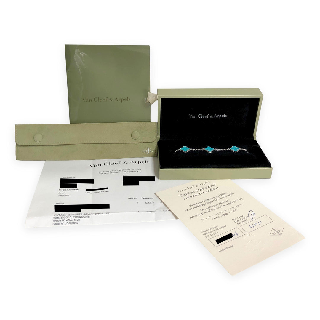 Van Cleef & Arpels Alhambra 18K White Gold 5 Motif Turquoise Bracelet 7.75"