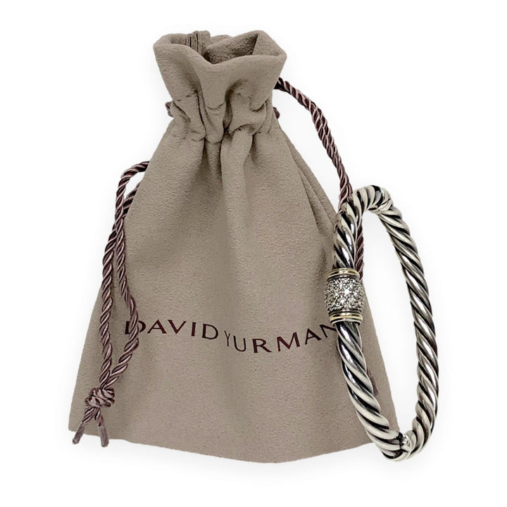 David Yurman Metro Silver 18K Cable Pavé Diamond Station Bracelet 6mm - Medium