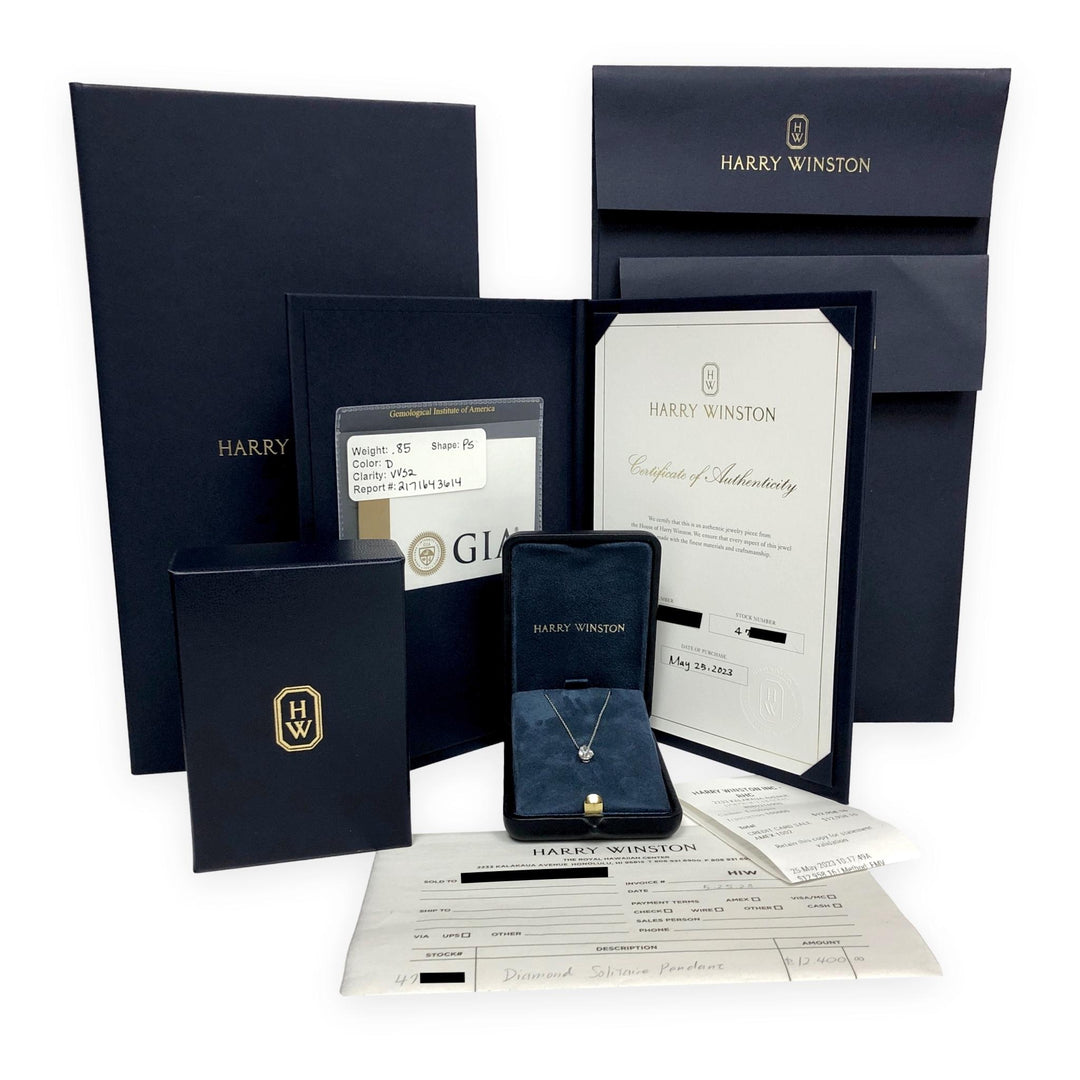 Harry Winston Platinum Pear Shape Diamond Solitaire Pendant Necklace .85ct DVVS2