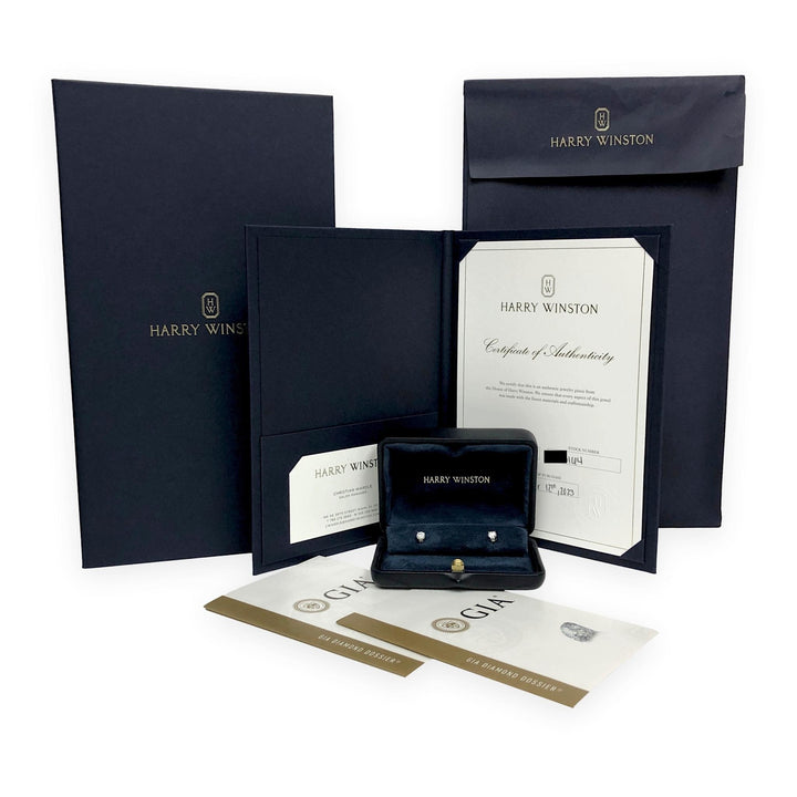 Harry Winston Platinum Diamond Classic Stud Earrings .84ct E VVS Papers and Box