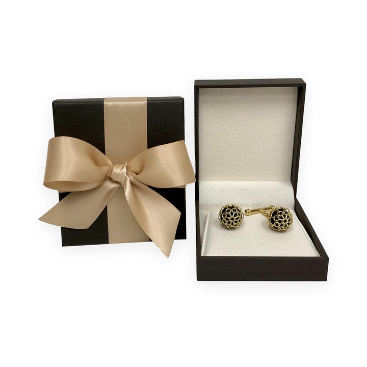 Vintage 18K Yellow Gold Lattice Ball & Dark Wood Cufflinks Ca. 2000