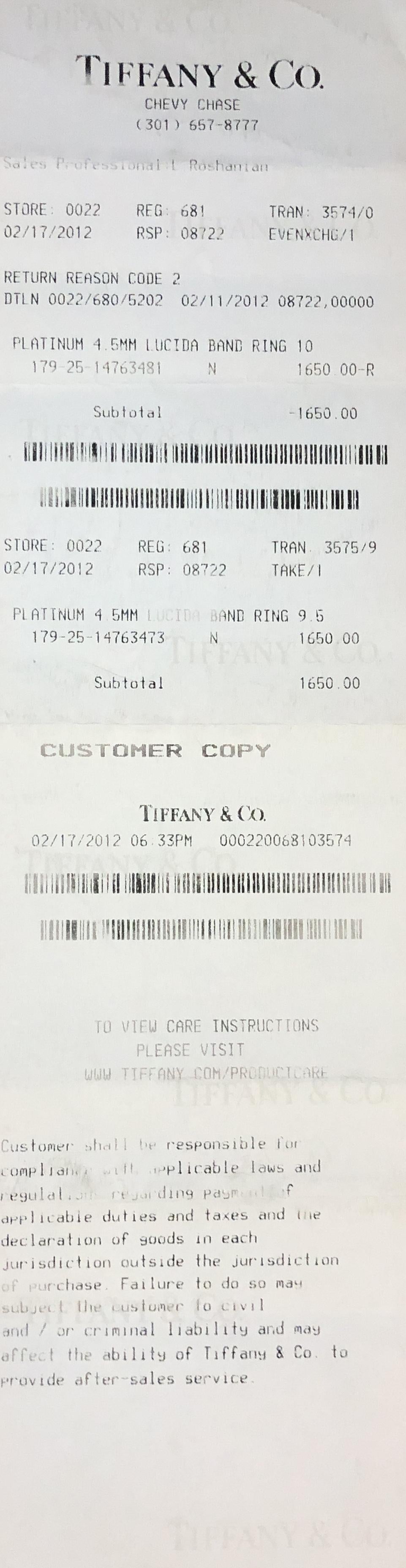 Tiffany & Co. Platinum Forever 4.5 mm Men's Wedding Band Ring Size 9.5 w/recpt