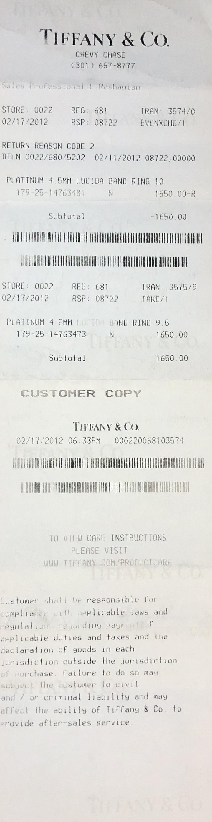 Tiffany & Co. Platinum Forever 4.5 mm Men's Wedding Band Ring Size 9.5 w/recpt