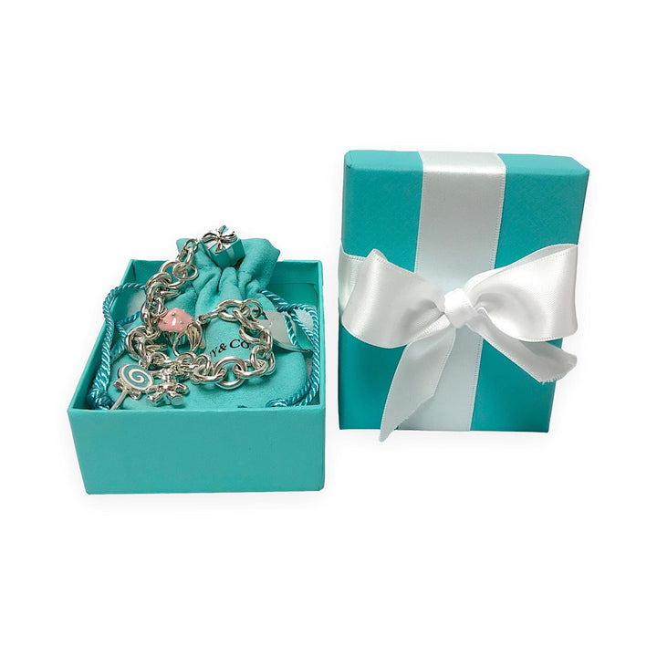 Tiffany & Co. 5 Charm Bracelet: Heart Tag, Teddy Bear, Cupcake, Gift Box, Pop
