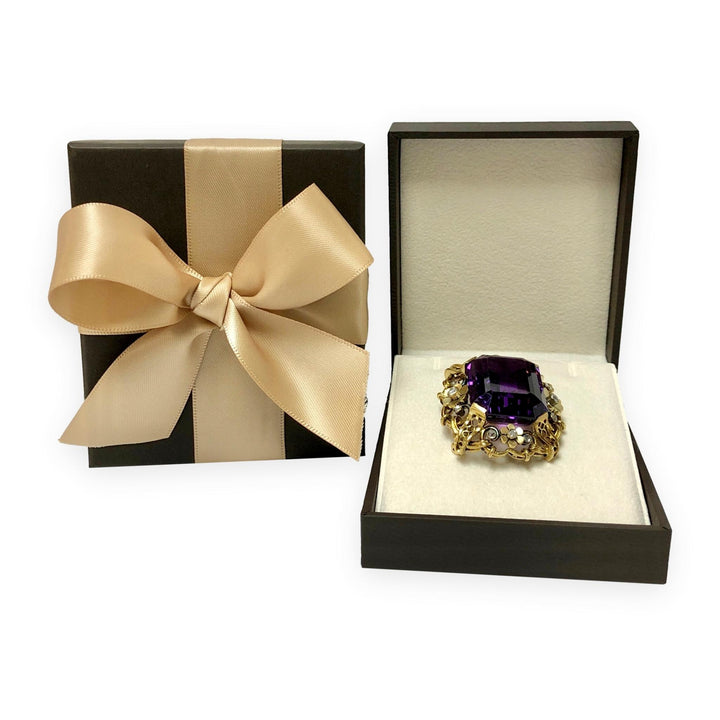 Retro 14K Yellow Gold Large Amethyst & Diamond Pendant Brooch c.1940s