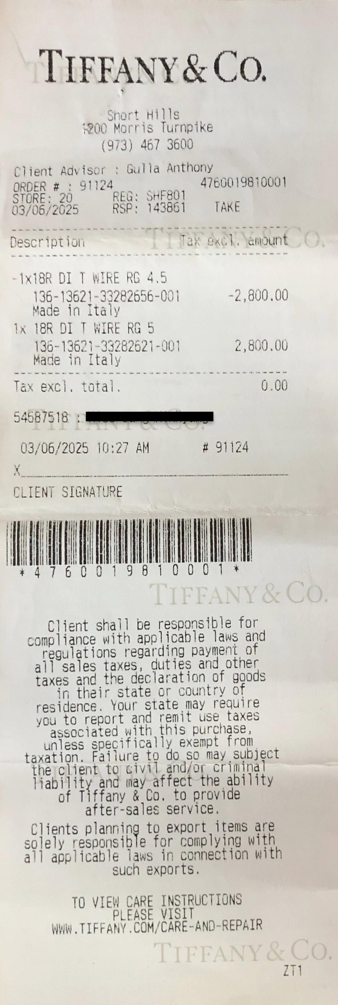 Tiffany & Co. 18k Rose Gold T Diamond Ring Size 5 w/ Receipt