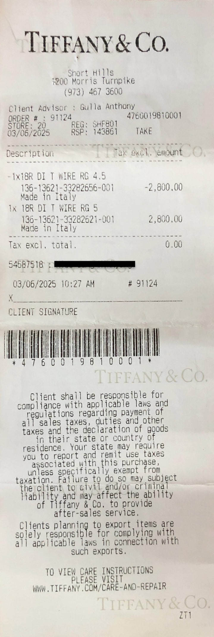 Tiffany & Co. 18k Rose Gold T Diamond Ring Size 5 w/ Receipt