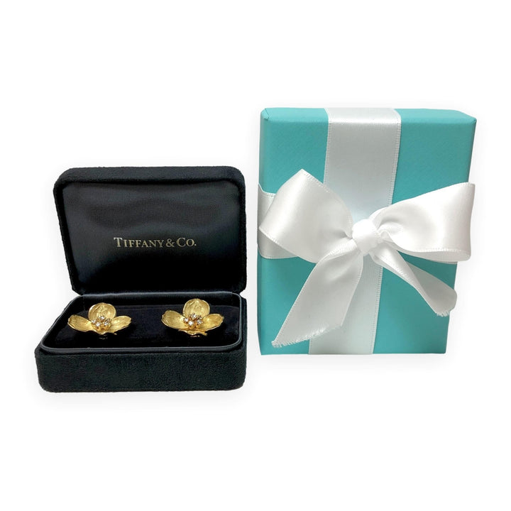 Vintage Tiffany & Co.  18K Gold and Diamond Dogwood Flower Clip Earrings