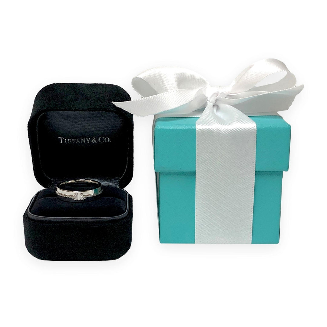Tiffany & Co. T Wide 18K White Gold Diamond Band Ring, 5.5mm, Size 8