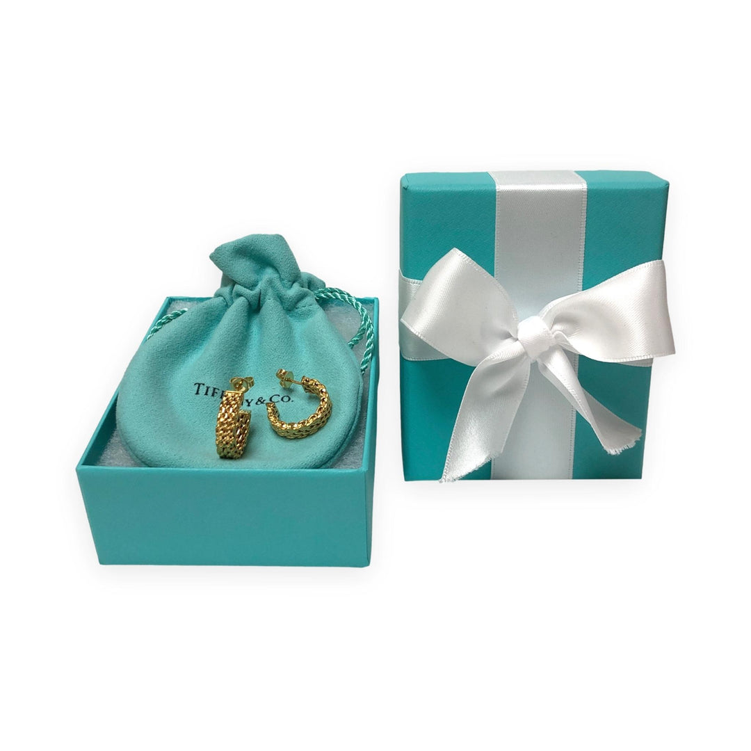 Tiffany & Co. Vintage Somerset Mesh Hoop Earrings 18K Yellow Gold .75 Inches