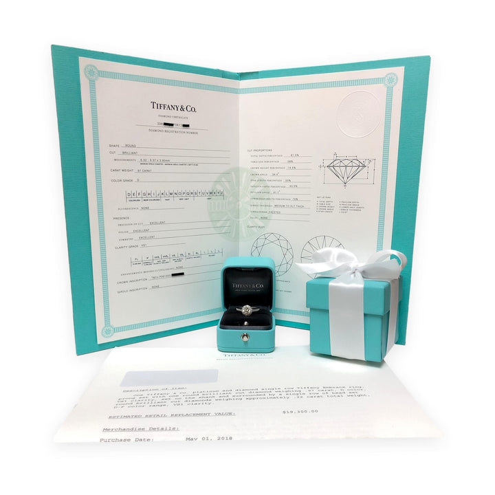 Tiffany & Co. Platinum .97 Cts Center Round Soleste Diamond Engagement Ring DVS1