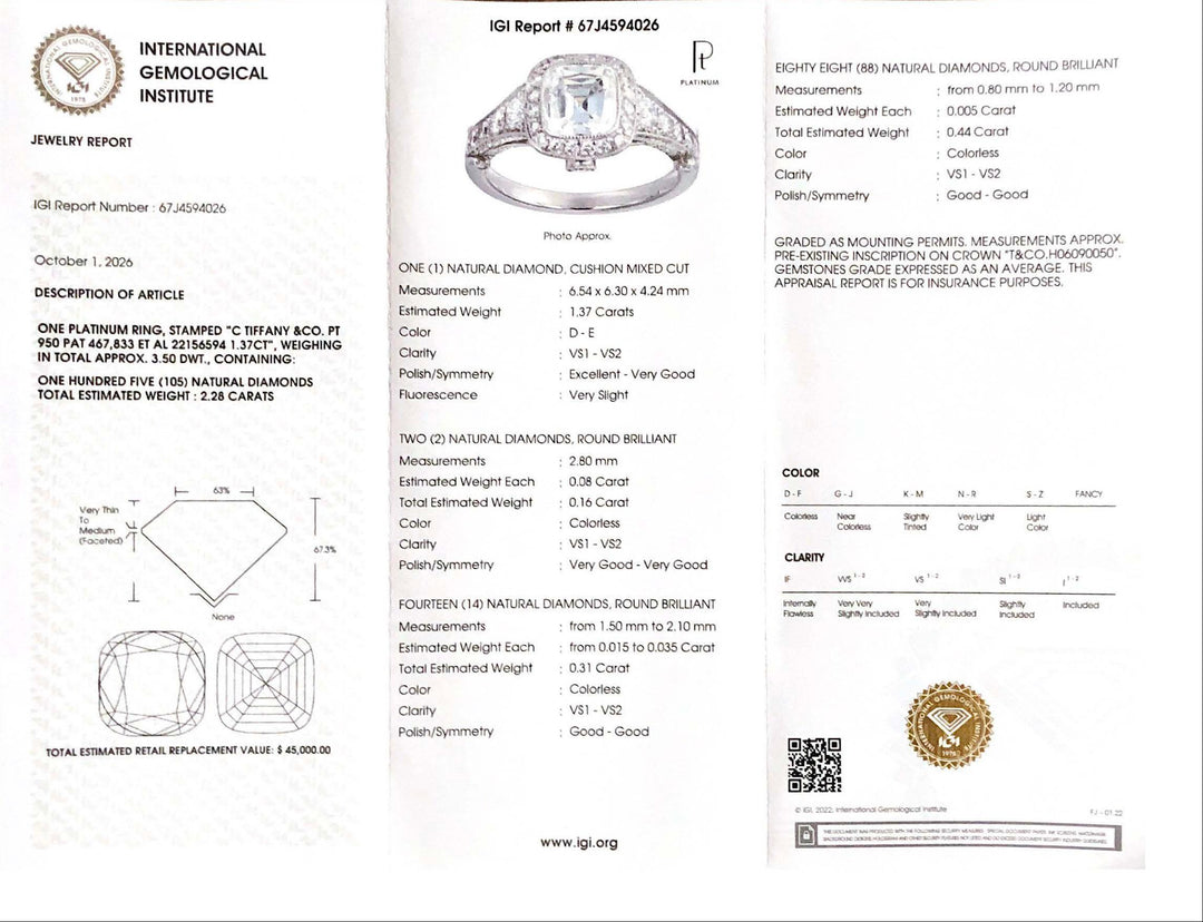 Tiffany & Co Legacy 1.37 ct Center DVS1 Cushion Diamond Engagement Ring Platinum