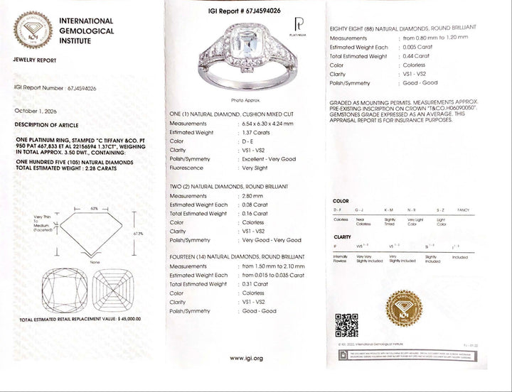 Tiffany & Co Legacy 1.37 ct Center DVS1 Cushion Diamond Engagement Ring Platinum