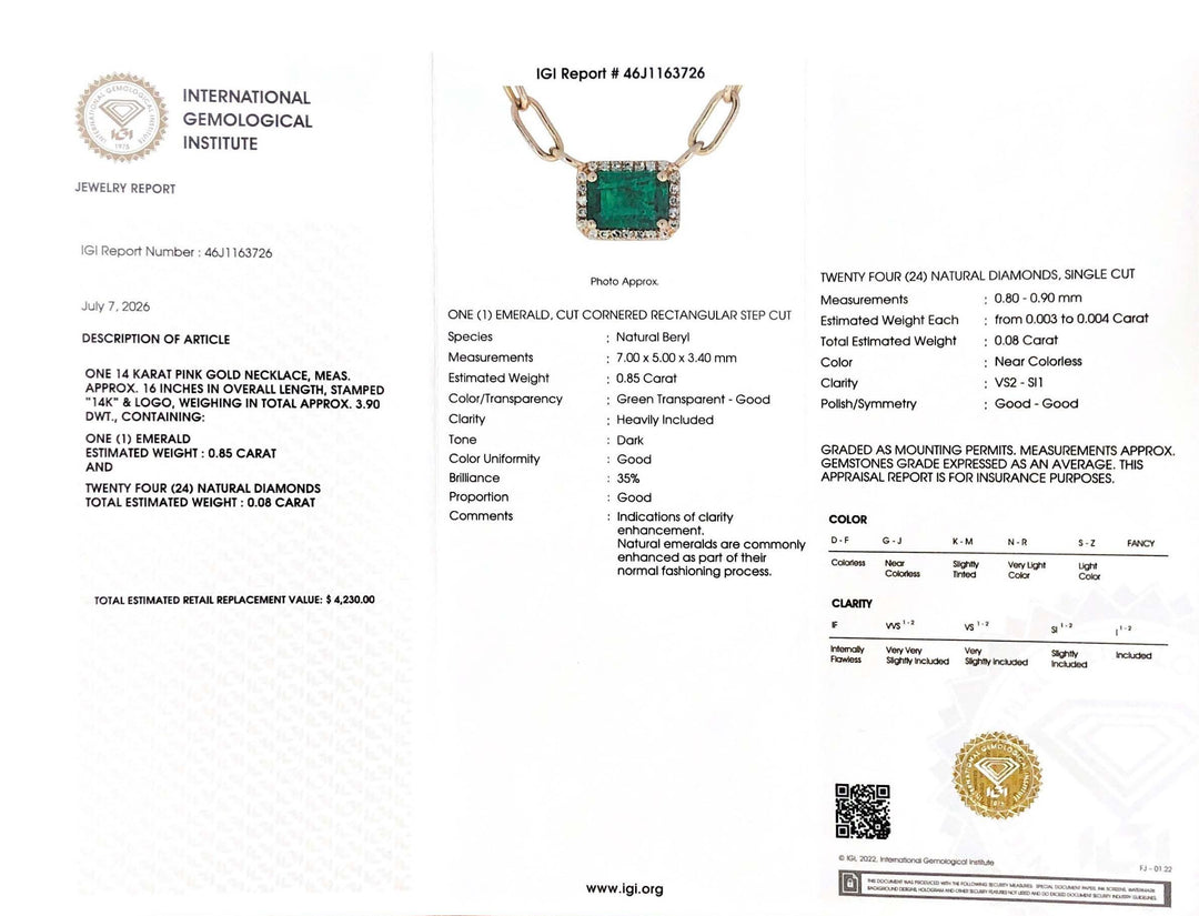 14K Rose Gold Emerald and Diamond Pendant Necklace