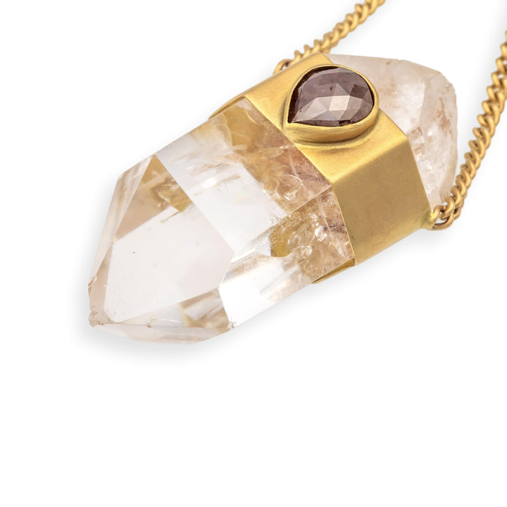 Jacquie Aiche 14K Gold Clear Quartz Pendant Necklace Tear Drop Rose Cut Diamond