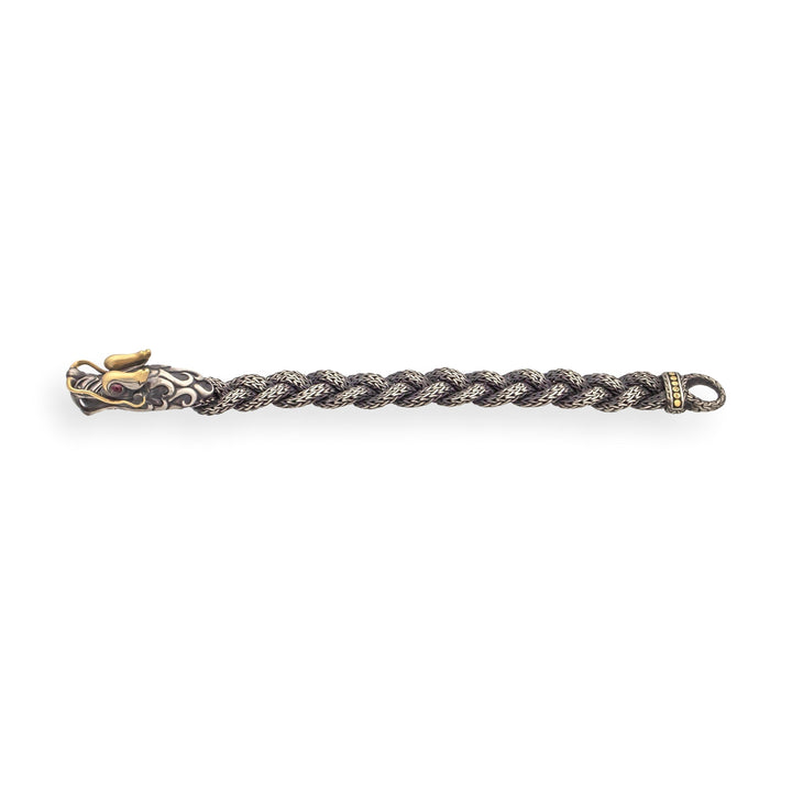 John Hardy Naga Bracelet 7.5" Sterling Silver 18K Gold Ruby Eyes 14mm Wide