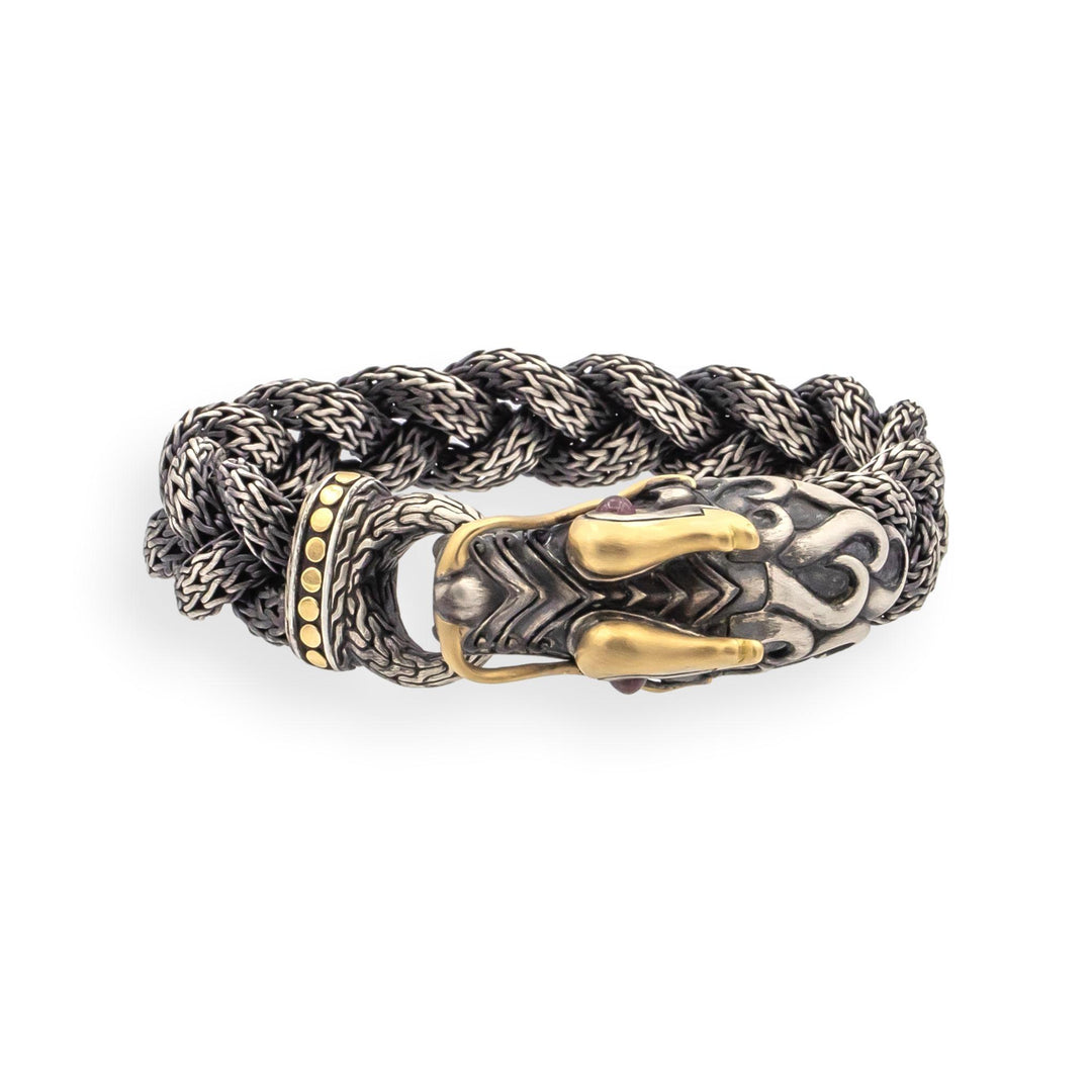 John Hardy Naga Bracelet 7.5" Sterling Silver 18K Gold Ruby Eyes 14mm Wide