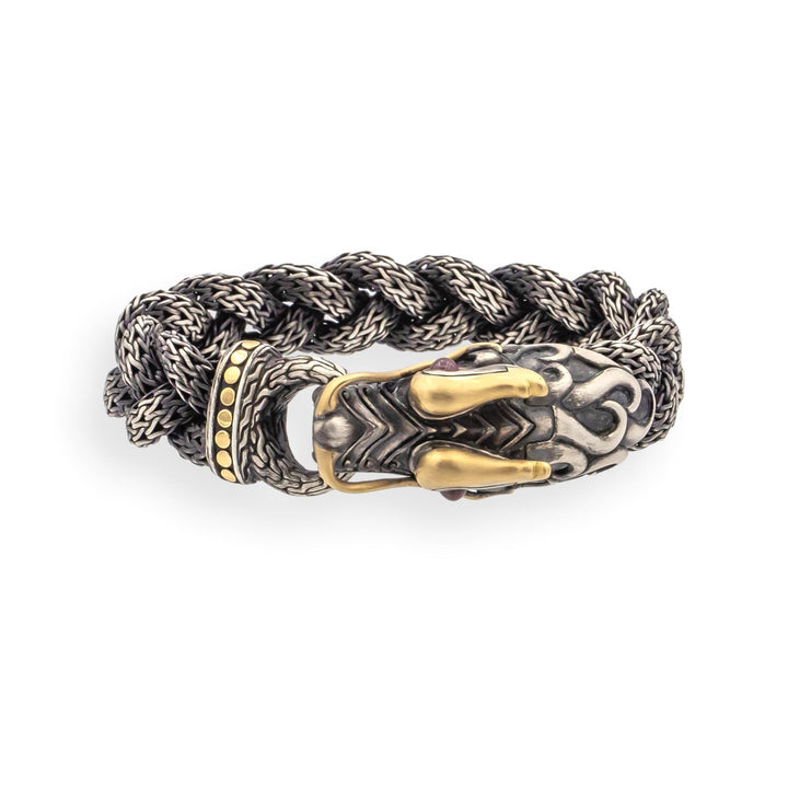 John Hardy Naga Bracelet 7.5" Sterling Silver 18K Gold Ruby Eyes 14mm Wide