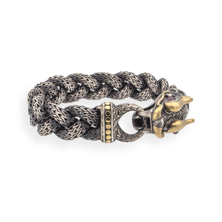 John Hardy Naga Bracelet 7.5" Sterling Silver 18K Gold Ruby Eyes 14mm Wide