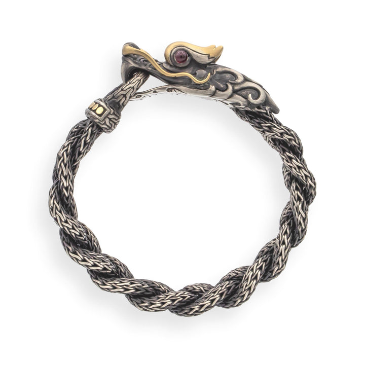 John Hardy Naga Bracelet 7.5" Sterling Silver 18K Gold Ruby Eyes 14mm Wide